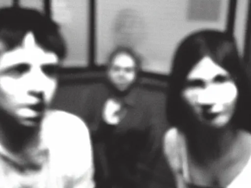 Prompt: a group of people staring at the viewer, blurred faces, night b&w, found footage, VHS, 240p