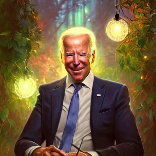 Image similar to ultra realistic illustration of magical joe biden!!!, forest, fantasy, colorful lights, intricate, elegant, highly detailed, digital painting, artstation, concept art, smooth, sharp focus, illustration, art by artgerm and greg rutkowski and alphonse mucha