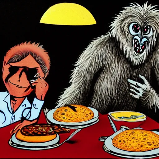 Prompt: mothman eating breakfast with sasquatch at a diner