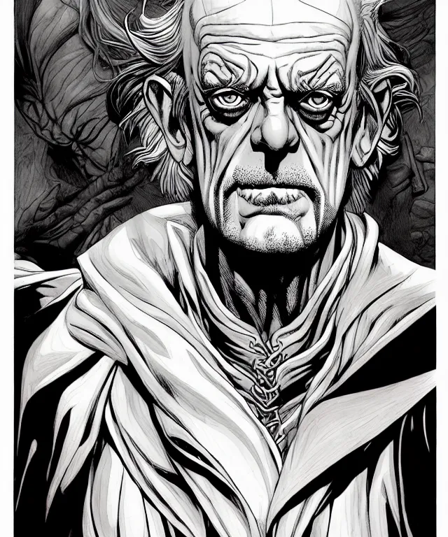 Image similar to a ( fantasy comic ) ( cover art ) portrait of an insane sorcerer who looks like ( christopher lloyd ), digital illustration by jenny frison and sana takeda and kentaro miura, fine inking lines, dnd, highly detailed!, hd, 4 k, trending on artstation