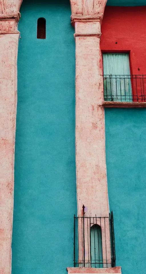 Image similar to blonde boy hanging out the window of pastel red ancient spanish architecture, teal sky behind the building, beautiful, minimalistic, aesthetic, two tone, photorealistic