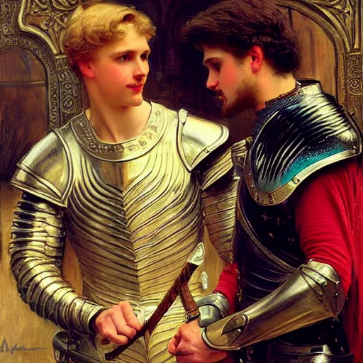 Image similar to attractive fully clothed arthur pendragon confesses his love for his attractive fully clothed male knight. highly detailed painting by gaston bussiere and j. c. leyendecker 8 k