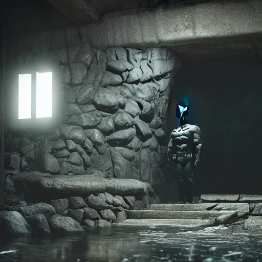 Image similar to joe biden as batman in the batcave, water running down the walls, haunted, spooky, scary, by sam guay, moody lighting, hyperrealism, finely detailed 4 k, octane render