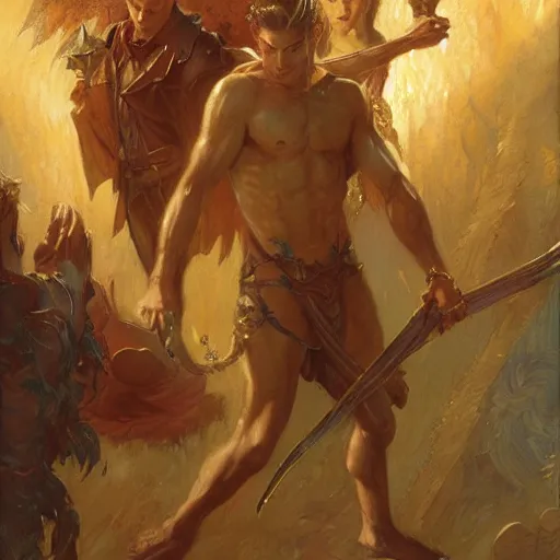 Image similar to attractive male deity casts light spell, summons attractive male lucifer morningstar. highly detailed painting by gaston bussiere, craig mullins, j. c. leyendecker 8 k