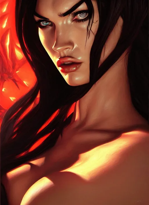 Image similar to portrait of megan fox as a evil demon with hornes, batwings, hell, jewelry, greek, dark, intricate, headshot, key visual, conceptart, ambient lighting, highly detailed, digital painting, artstation, concept art, sharp focus, by makoto shinkai and akihiko yoshida and greg manchess