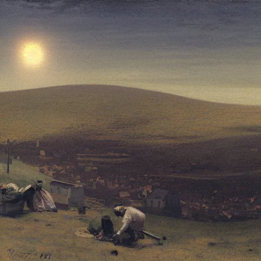 Image similar to dark solar eclipse, above a village, highly detailed, studio 4 k quality, by ramon casas