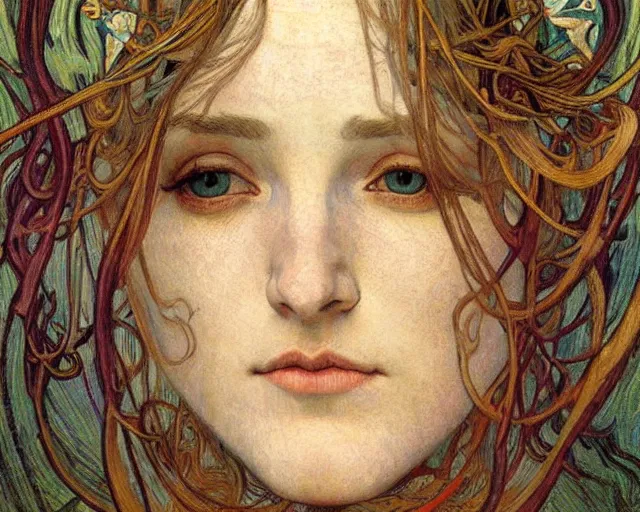 Image similar to detailed realistic beautiful young medieval queen face portrait by jean delville, alphonse mucha, vincent van gogh, and marco mazzoni, art nouveau, symbolist, visionary, gothic, pre - raphaelite