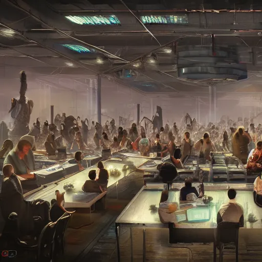 Image similar to large group people in a huge warehouse, gathered around a hologram of futuristic city on a table | cinematic concept art | godrays | 4 k | clear details | tabletop | tabletop