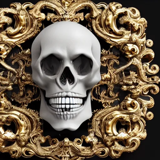 Image similar to a beautiful, ornate and intricate rococo skull with vampire teeth and silver and gold details and diamonds inside a rococo frame, 4k, octane render, vray, unreal engine, photorealistic