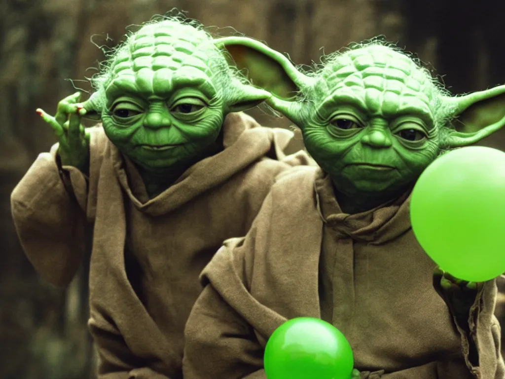 Image similar to a photo of yoda holding a green balloon in the tokyo suburbs by wes anderson, highly detailed, trending on artstation