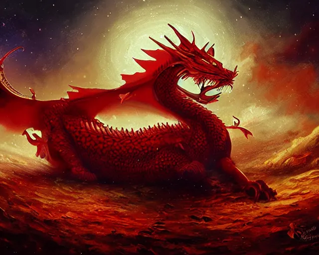 Image similar to red shivan dragon against starry night, illustration, by ( kieran yanner ) ( miranda meeks ) ( anna podedworna ) ( cristi balanescu ), digital art