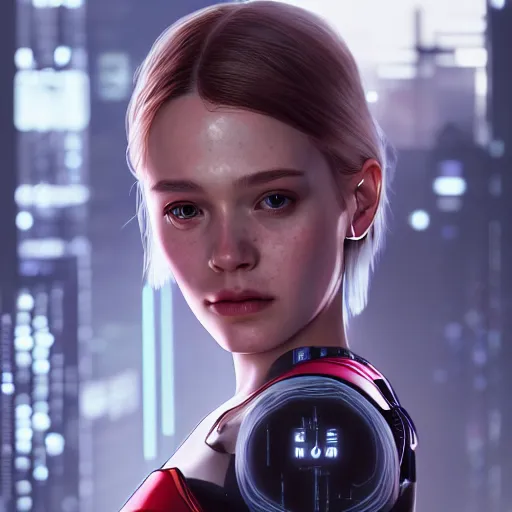Image similar to portrait of chloe from detroit - become human by artgerm, close up, portrait, cinematic, elegant, artstation, intricate, highly detailed, digital painting, artstation, concept art, sharp focus, illustration, cyberpunk, cgsociety, 8 k
