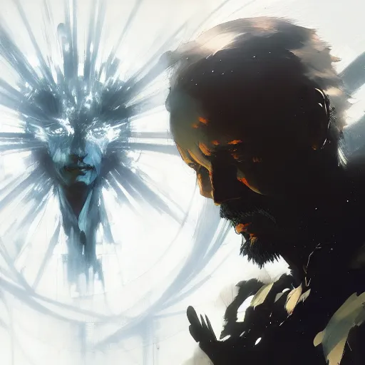 Image similar to man in heaven, afterlife looking for wifi by Akihito Yoshitomi AND Yoji Shinkawa AND Greg Rutkowski, Mark Arian trending on artstation