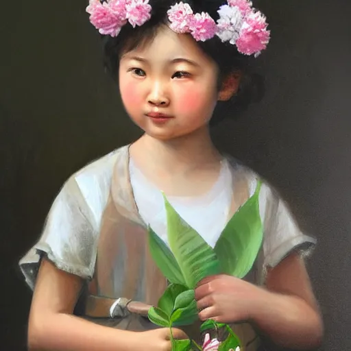 Prompt: Asian little girl holding flowers, bust, oil painting,CG,HD,8K