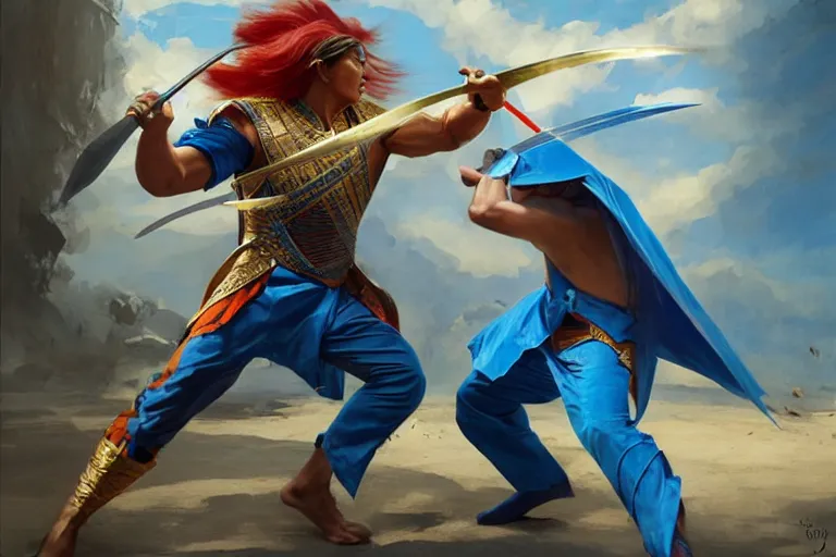 Image similar to a filipino man with a sword charging at a blond man in a blue suit with a sword, organic painting, sunny day, matte painting, bold shapes, hard edges, street art, trending on artstation, by huang guangjian, gil elvgren, ruan jia, randy vargas, greg rutkowski