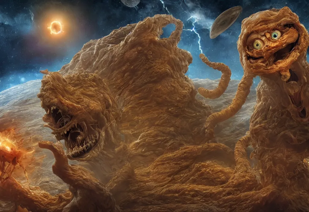 Image similar to eldritch horror bloody garfield in space, hd, 8 k, giant, epic, realistic photo, unreal engine, prophecy, powerful, cinematic lighting, destroyed planet, debris, violent, sinister, ray tracing, dynamic, epic composition, dark, horrific, teeth, grotesque, monochrome drawing, hellscape, corpses, foreboding, lightning, garfield cartoon eyes