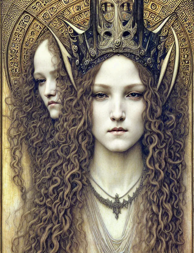 Image similar to detailed realistic beautiful young medieval queen face portrait by jean delville, gustave dore and marco mazzoni, art nouveau, symbolist, visionary, gothic, pre - raphaelite. horizontal symmetry