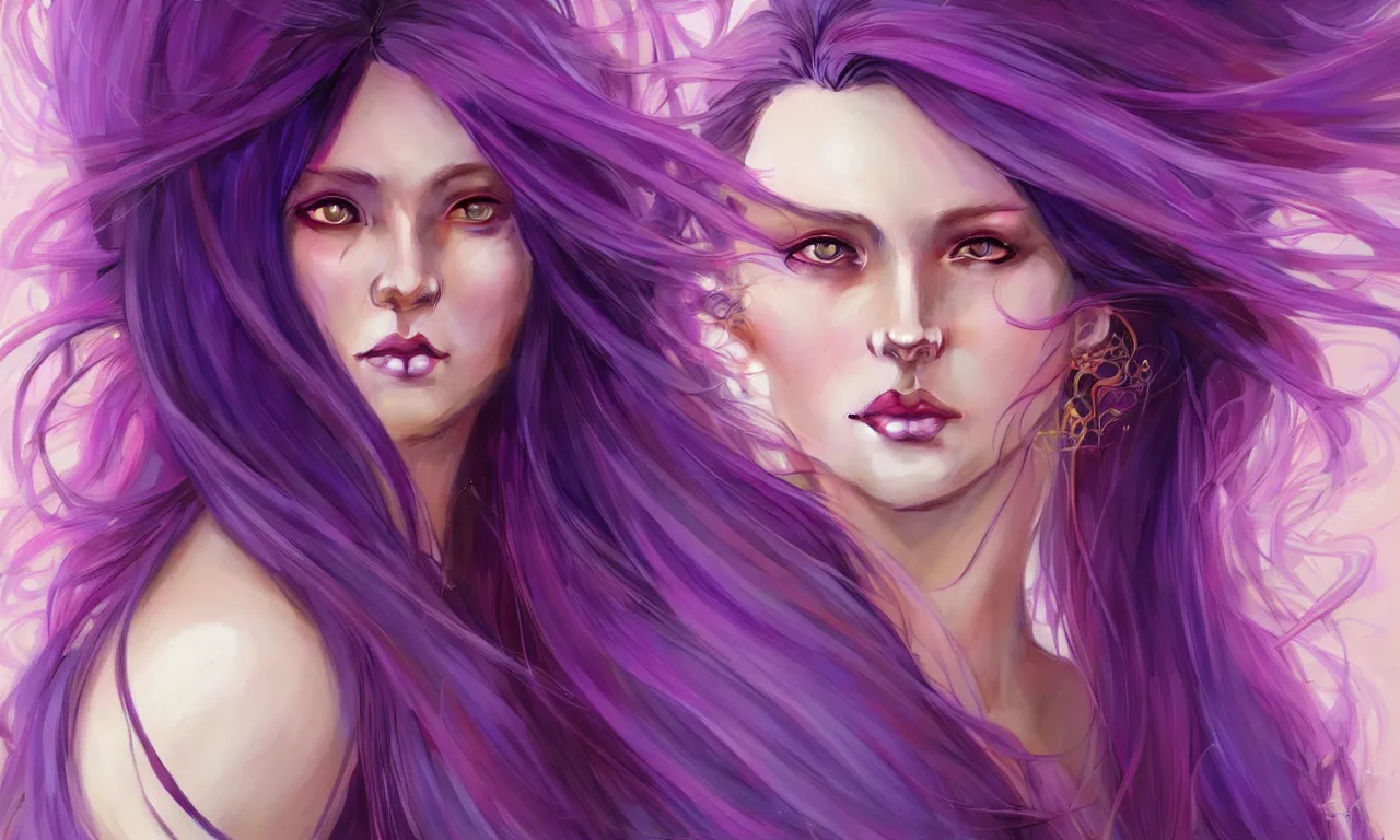 Image similar to Portrait of a woman with bright colored flying hair, all shades of purple. Hair coloring, amber eyes, face, long hair, fantasy, intricate, elegant, highly detailed, digital painting, artstation, concept art, smooth, sharp focus, illustration, art by artgerm and greg rutkowski and alphonse mucha