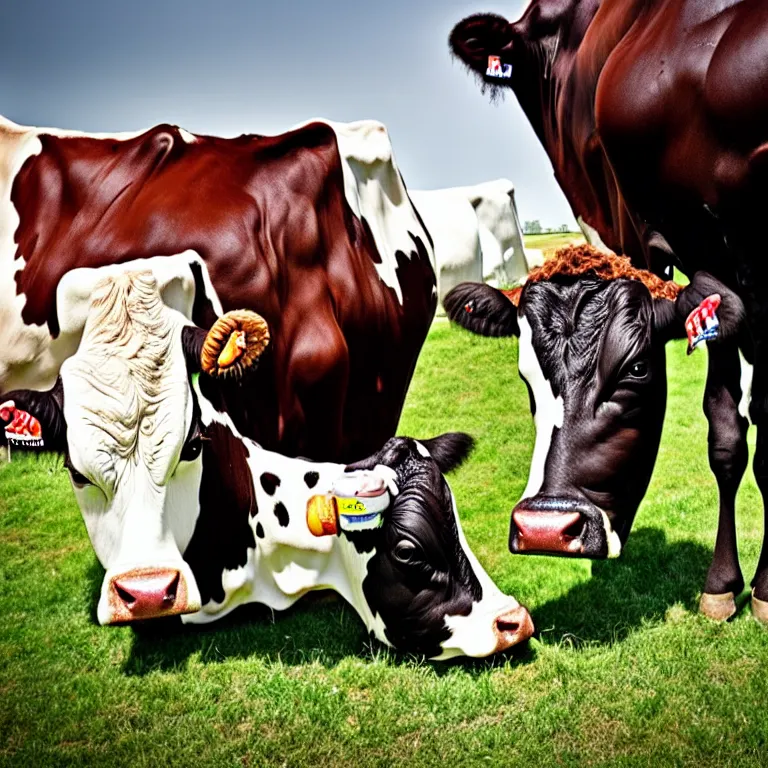 Image similar to homelander from the boys drinks milk from a cow, dslr shot