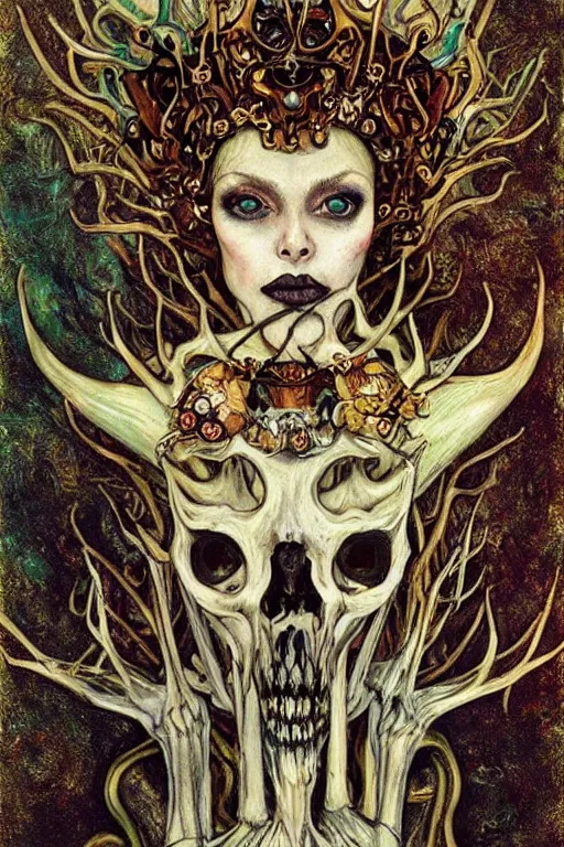 Prompt: The Queen of Bones by Karol Bak, Jean Deville, Gustav Klimt, and Vincent Van Gogh, portrait of a majestic demonic queen, beautiful vampire queen, jade green cat eyes on fire, mystic eye, otherworldly, crown made of bones, antlers, horns, ornate jeweled crown, skull, fractal structures, arcane, inscribed runes, infernal relics, ornate gilded medieval icon, third eye, spirals, rich deep moody colors