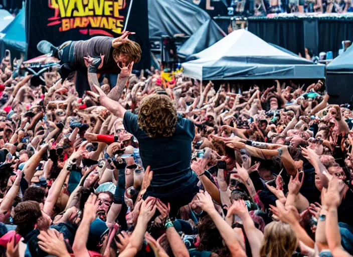 Image similar to photo still of peter dinklage at the vans warped tour!!!!!!!! at age 3 6 years old 3 6 years of age!!!!!!!! stage diving into the crowd, 8 k, 8 5 mm f 1. 8, studio lighting, rim light, right side key light