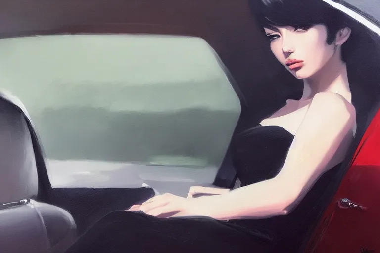 Prompt: A ultradetailed beautiful portrait panting of a stylish woman sitting in the backseat of a car, Oil painting, by Ilya Kuvshinov, Greg Rutkowski and Makoto Shinkai