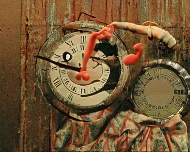 Image similar to still from a 1 9 9 3 surreal creepy live - action stop - motion puppetry film by fred stuhr in the style of a tool music - video, involving prison and clocks.