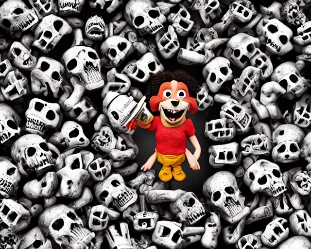 Prompt: Happy little puppy with bloody mouth stands atop a huge pile of human bones and skulls, whimsical render, cute, Pixar animation, movie still, 4k, 3d render, bold colors, wide angle