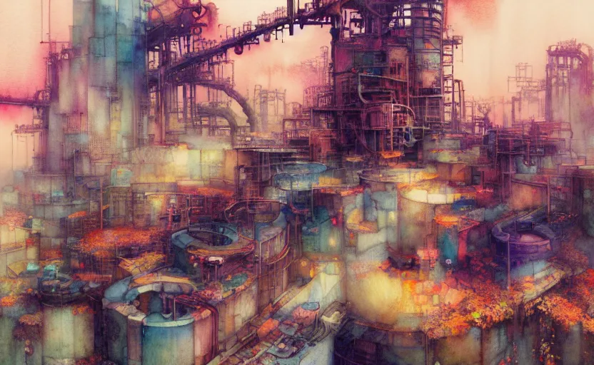 Prompt: industrial complex, fantasy. intricate, amazing composition, colorful watercolor, by ruan jia, by maxfield parrish, by marc simonetti, by hikari shimoda, by robert hubert, by zhang kechun, illustration, gloomy
