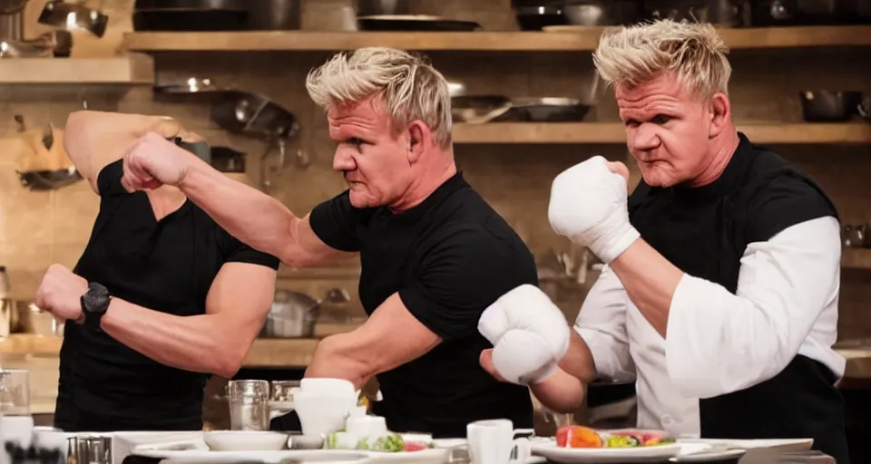 Image similar to photo of angry furious Gordon Ramsay punching Gordon Ramsay at the kitchen