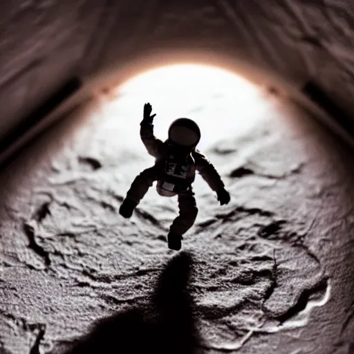 Image similar to Baby astronaut descending of a ship on The moon dramatic lighting stopmotion movie shoot