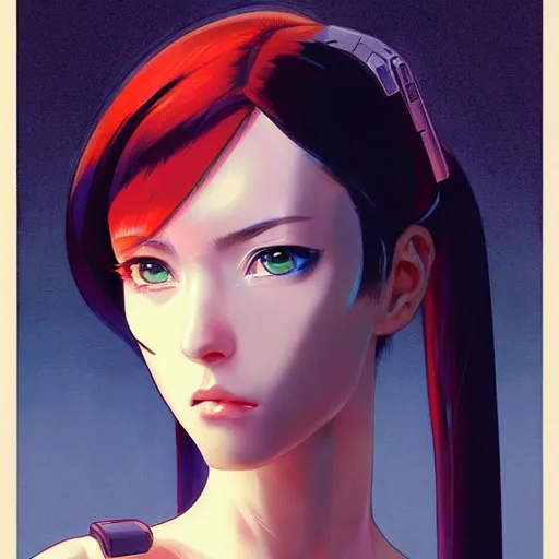 Prompt: A beautiful cyborg woman with big and cute red eyes || VERY ANIME, fine-face, realistic shaded perfect face, fine details. Anime. realistic shaded lighting poster by Ilya Kuvshinov katsuhiro otomo ghost-in-the-shell, magali villeneuve, artgerm, Jeremy Lipkin and Michael Garmash, Rob Rey and Kentarõ Miura style, trending on art station