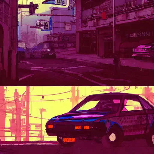 Image similar to Masamune Shirow simon stalenhag exterior armored honda civic crx street neo tokyo cyberpunk. ian mcque ink calligraphy art James Gilleard.