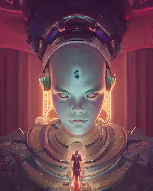 Image similar to highly detailed surreal vfx portrait of a sacred robot, stephen bliss, unreal engine, greg rutkowski, loish, rhads, beeple, makoto shinkai and lois van baarle, ilya kuvshinov, rossdraws, tom bagshaw, alphonse mucha, global illumination, detailed and intricate environment