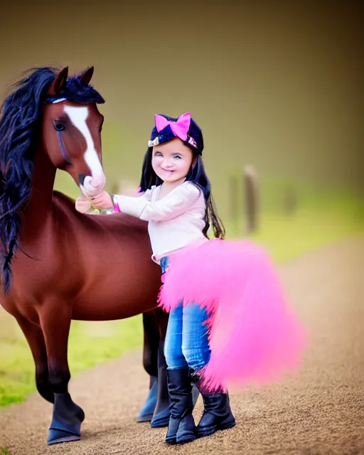 Image similar to young girl with dark hair, two ponytails, wears boots, next to her is a pink pony with a hat, photo taken by nikon, sharp focus, highly detailed, studio lightning, 4 k