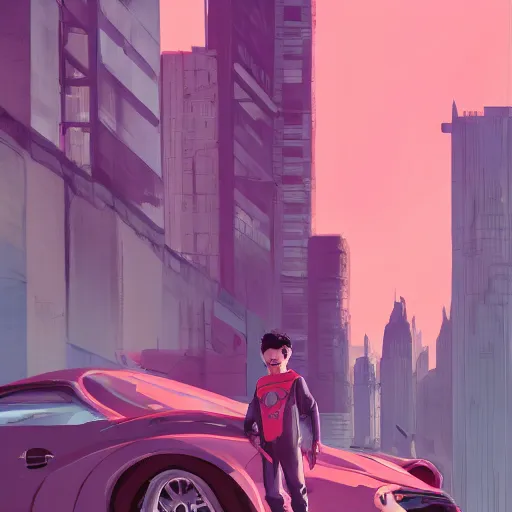 Image similar to damian wayne with pink haired friend, city landscape, Gotham, artstation, highly detailed, by makoto shinkai and thomas kindle and James gilleard