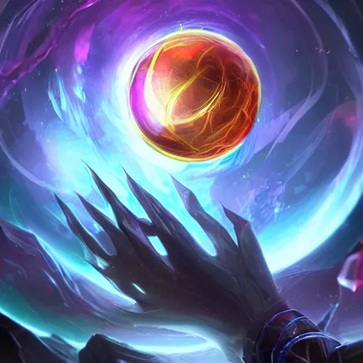 Image similar to league of legends, kai'sa looking at a galaxy in a crystal ball, realistic