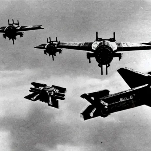 Image similar to an old ww2 photograph of star wars TIE fighters, AT-AT, WW2 planes fighting