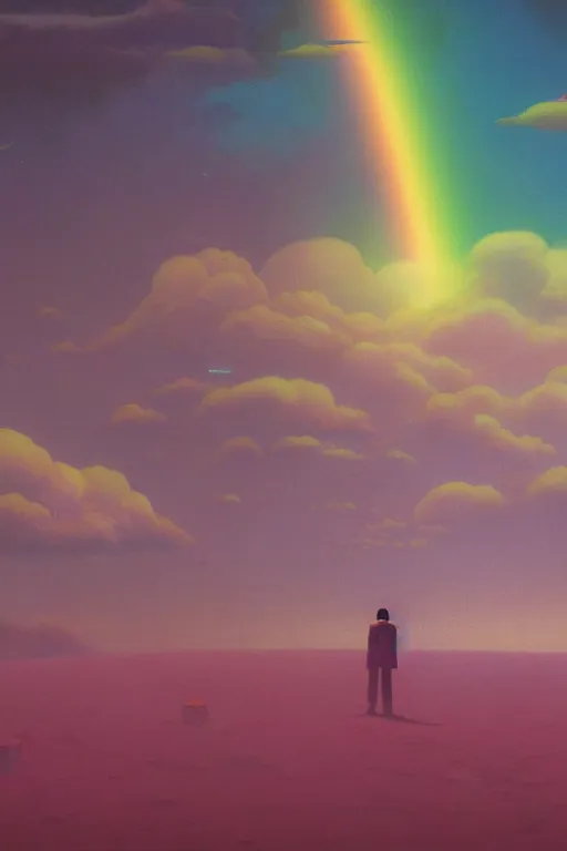 Prompt: a scifi apocalypse in space of a spiritual being dreaming psychedelic hallucinations in cosmos, rainbow colored clouds, by kawase hasui, moebius, Edward Hopper and James Gilleard, Zdzislaw Beksinski, Steven Outram, unreal engine, highly rendered, hd, 8k, artstation