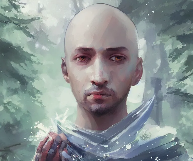 Image similar to painting portrait of a young bald blue - skinned wizard in a forest, masterpiece, trending on artstation, by ismail inceoglu