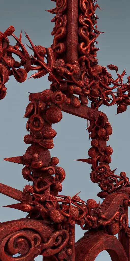 Image similar to 3 d render of a carved rusty torii gate sculpture, chrometype, made of liquid metal, neotribal with thorns and thunders, cyberpunk deconstructed japanese temple, raytraced, volumetric lightning, 8 k, by zhelong xu, ouchh and and innate studio