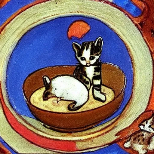 Image similar to baby kitten on a bowl of soup, medieval art