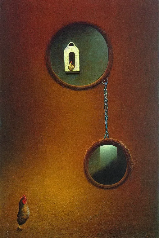 Prompt: a chicken trapped inside a mirror with a key on the ground, beksinski, oil painting