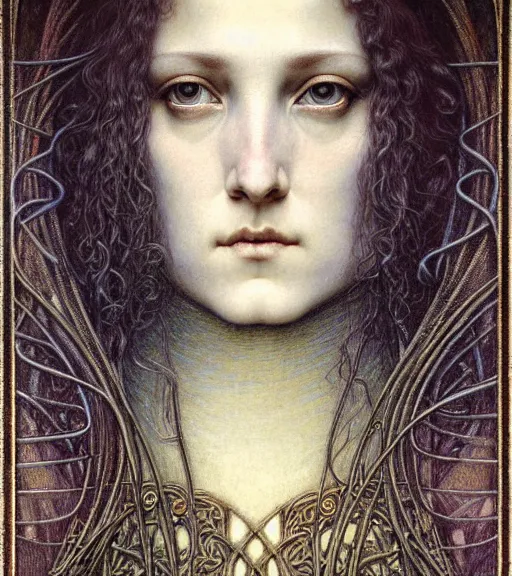 Image similar to detailed realistic beautiful young medieval queen face portrait by jean delville, gustave dore and marco mazzoni, art nouveau, symbolist, visionary, gothic, pre - raphaelite. horizontal symmetry