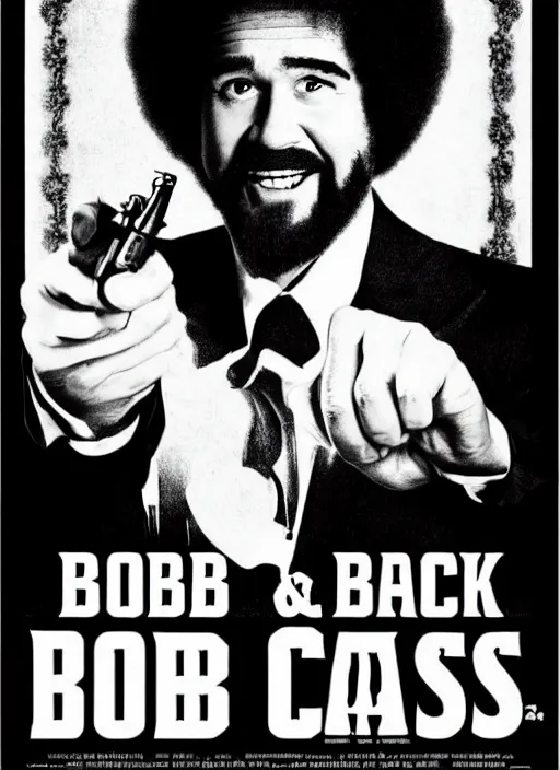 Image similar to Bob Ross as Scarface, Scarface black and white movie poster. machinegun