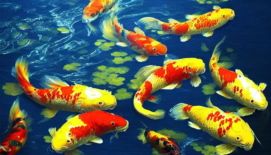 Prompt: golden glowing koi! fish swims in magical water with caustics and volumetric lighting, photorealistic painting