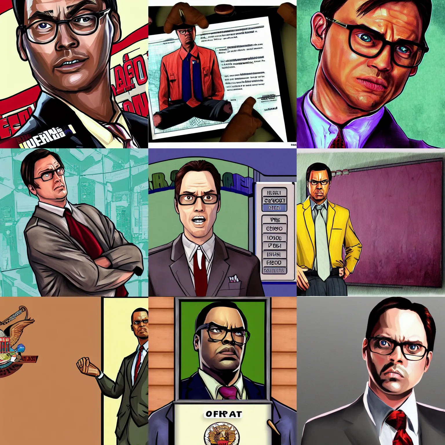 Prompt: Dwight from The Office. GTA loading screen art by Stephen Bliss