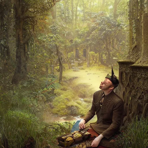 Image similar to intricate detailed portrait painting of a young man putting on tefillin in a beautiful forest meadow, temple ruins surrounded by lush forest, afternoon, intricate, elegant, highly detailed, digital painting, sharp, focus, illustration art by artgerm and greg rutkowski and alphonse mucha