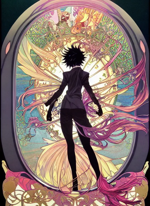 Image similar to exquisite imaginative creature manga poster art of demon slayer, pearlescent, shimmering, reflective, rim light, detailed background, by kojima ayami, shigenori soejima. takeshi obata, alphonse mucha, jump comics, illustration, artstation, concept art, highly detailed, colorful, maximalist