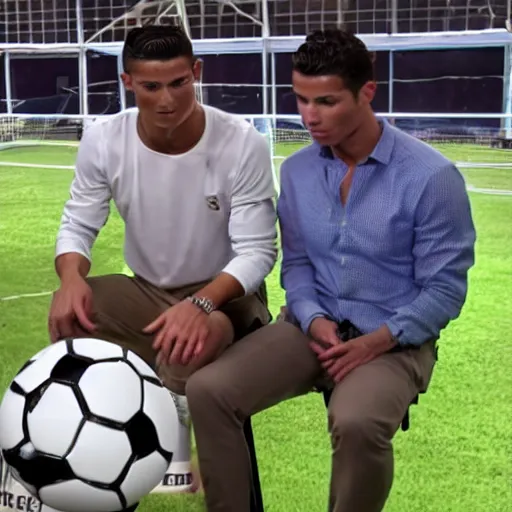 Prompt: a still from the antiques roadshow, cristiano ronaldo with a priceless soccer ball, uhd, 8k,